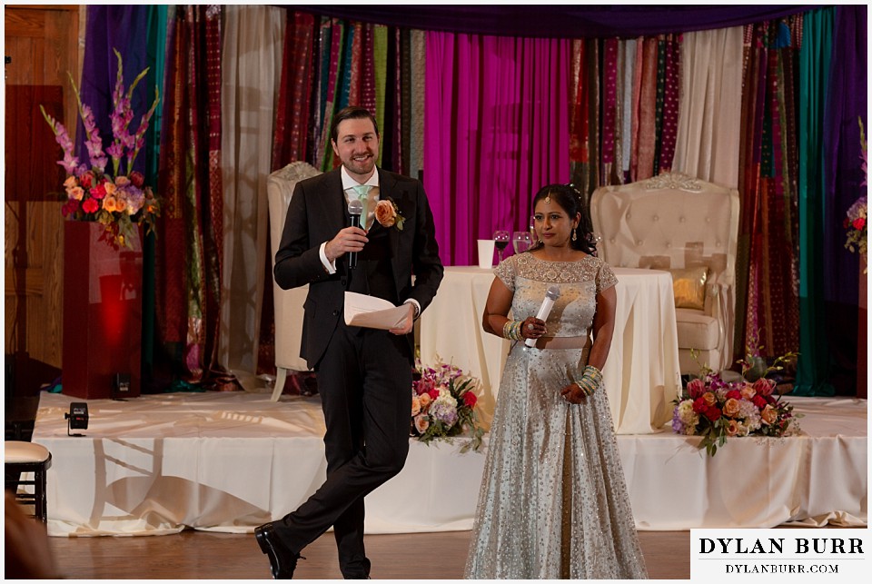 baldoria on the water wedding lakewood colorado hindu wedding bride and groom give toast