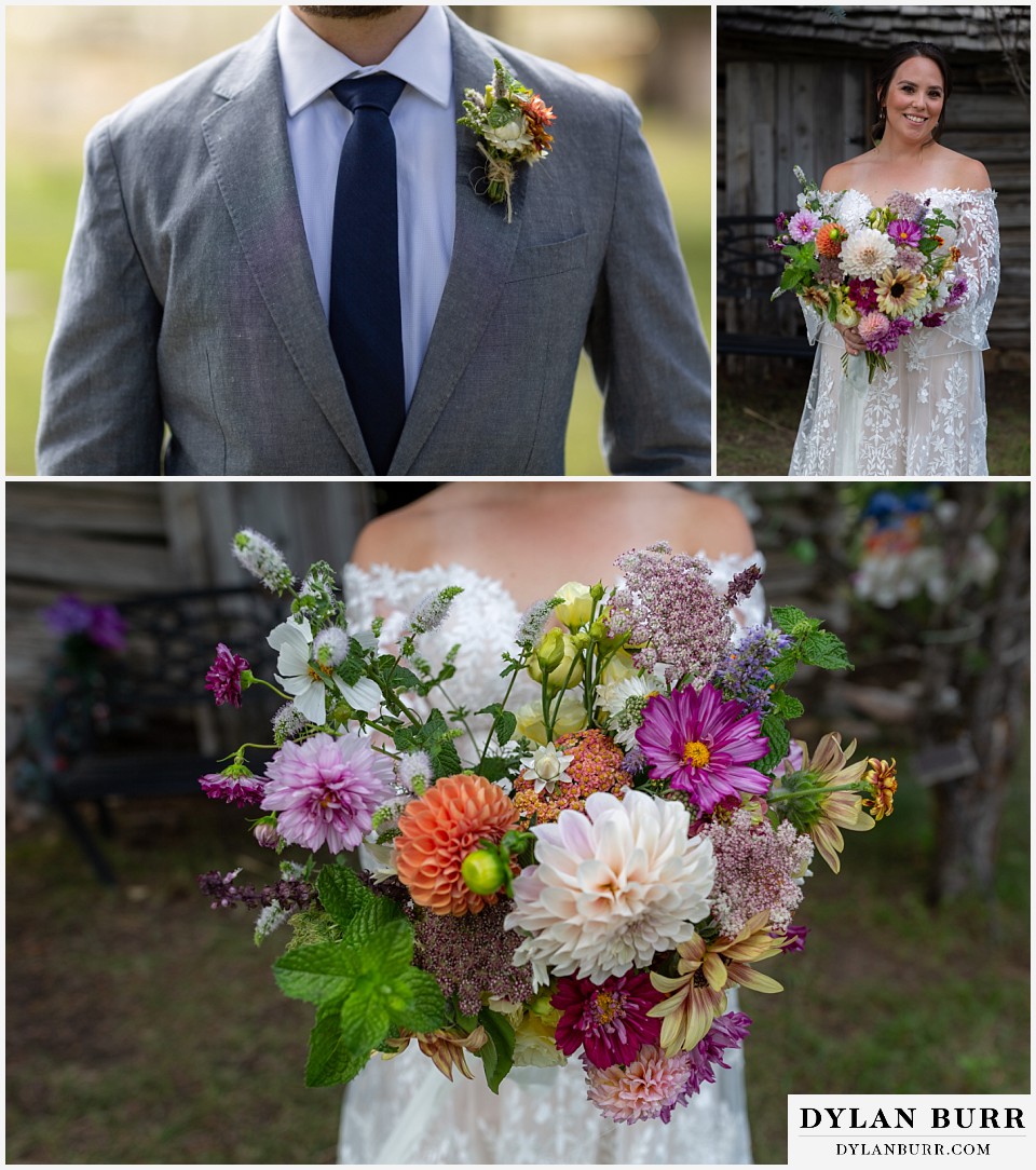 the barn at evergreen memorial park wedding multicolored bouquet