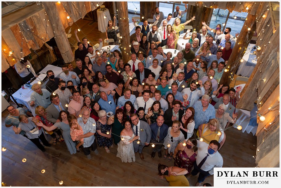 the barn at evergreen memorial park wedding big group photo in barn
