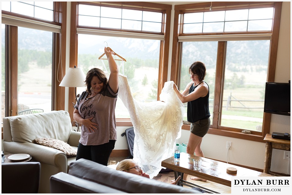 black canyon inn wedding estes park colorado wedding dress hanging in tree