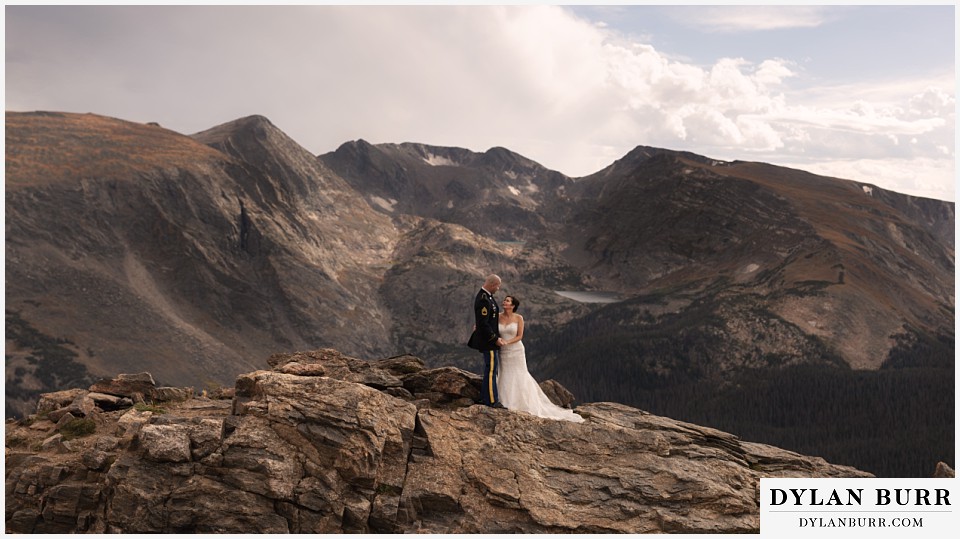 rocky mountain national park wedding colorado bride and groom with mountains in background