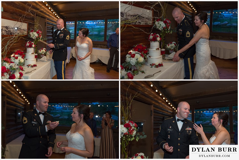 black canyon inn wedding estes park colorado twin owls restaurant bride and groom cutting cake