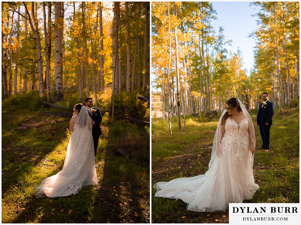 black diamond lodge wedding bride and groom in fall aspen trees