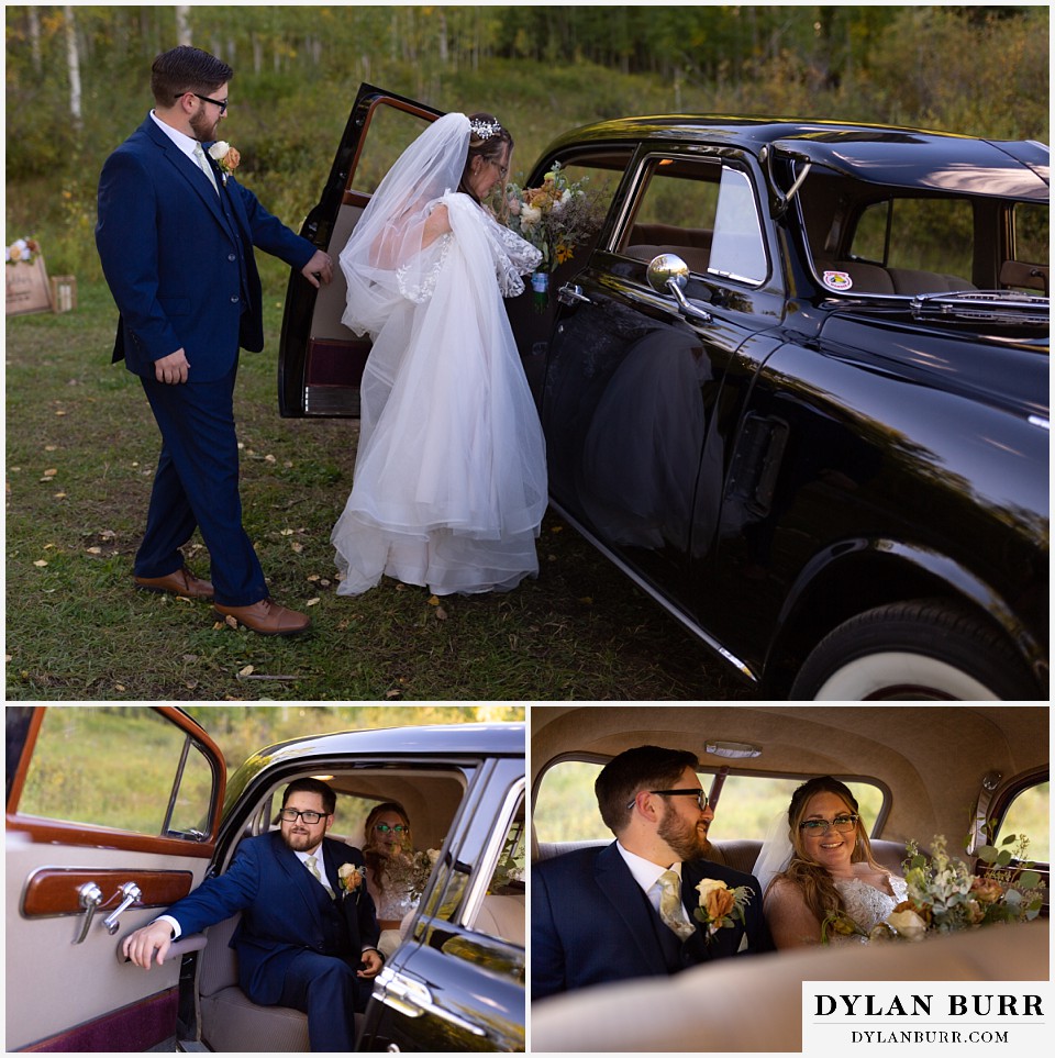 black diamond lodge wedding leaving in vintage antique car