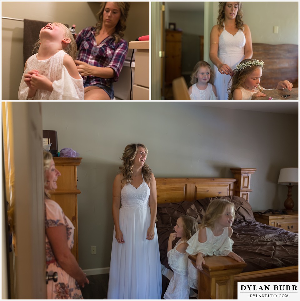 boho backyard colorado wedding getting ready doing daughters hair