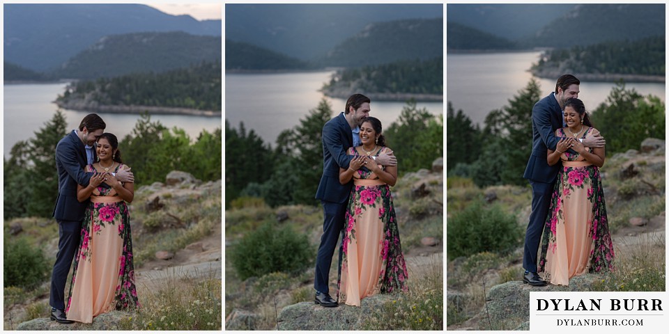 boulder colorado engagement session in the mountains couple laughing together