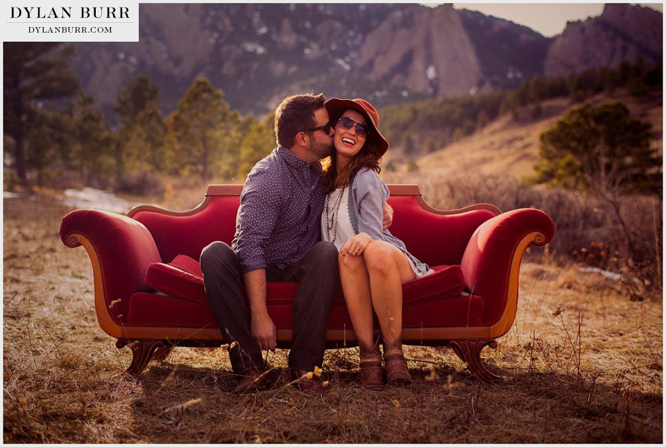 boulder engagement photos couple on antique furniture