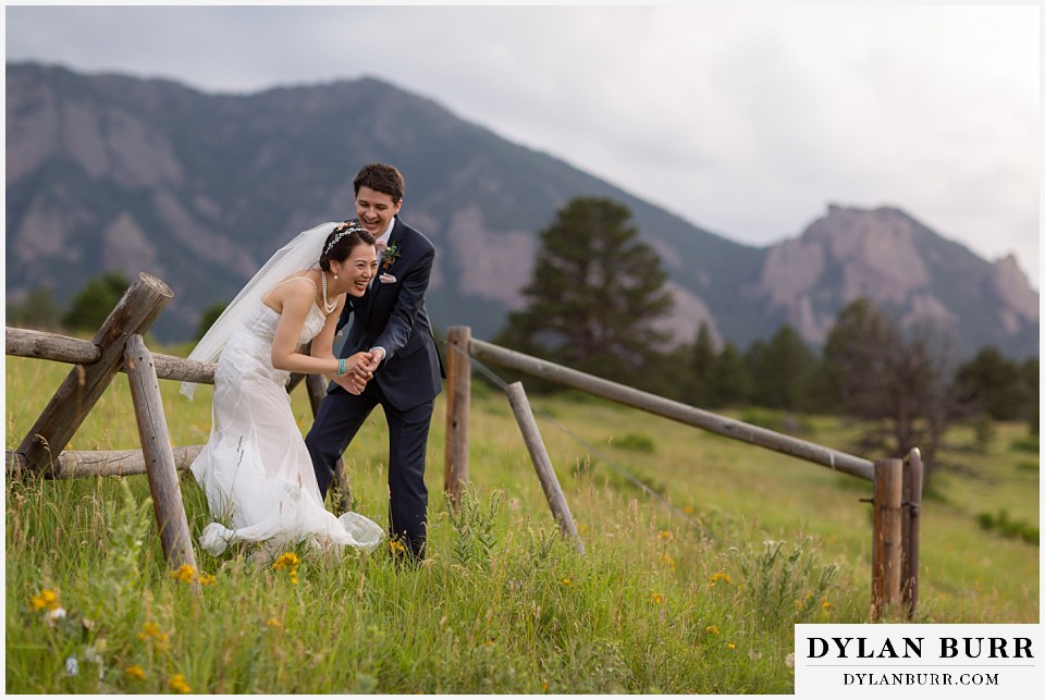 boulder flatirons wedding elopement bride and groom laughing