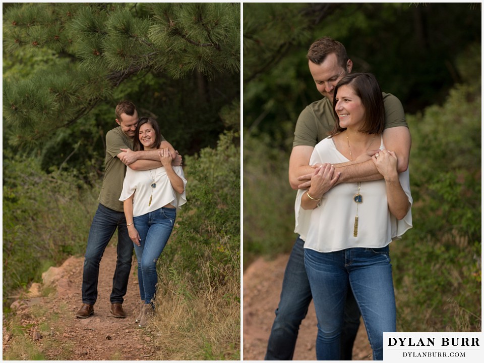 boulder wedding engagement session hugging on trail