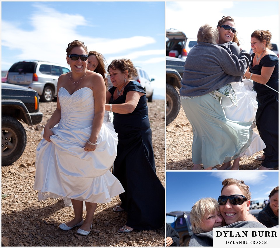 breckenridge 4wd adventure wedding bride changing on mountain top in cold wind