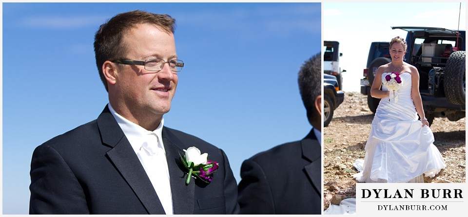 breckenridge 4wd adventure wedding bride walking down aisle and groom looking at her