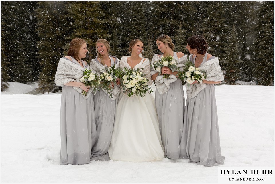 breckenridge nordic center wedding colorado mountain wedding photographer bridesmaids and bride in winter