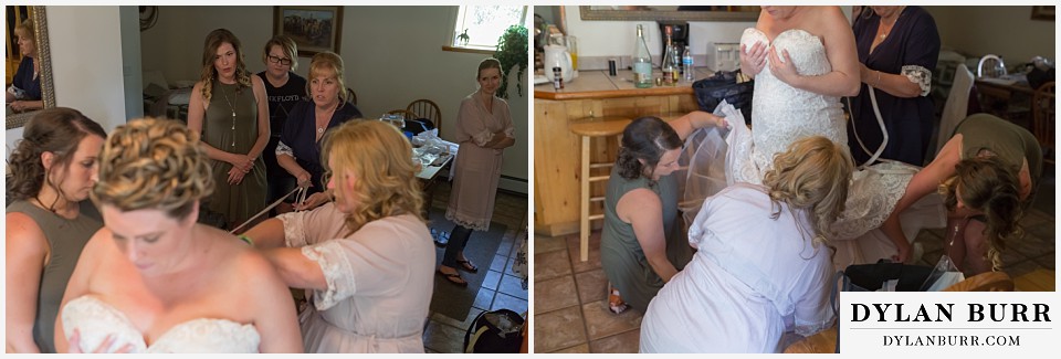 buford lodge wedding buford colorado meeker bride getting dress on