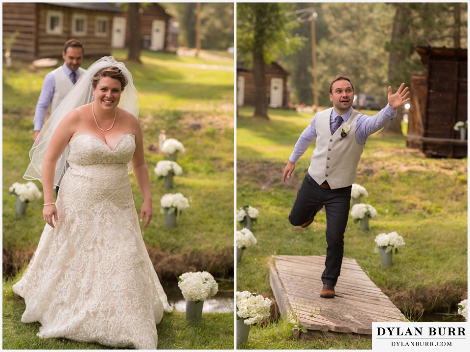 buford lodge wedding buford colorado meeker bride and groom crossing bridge having fun