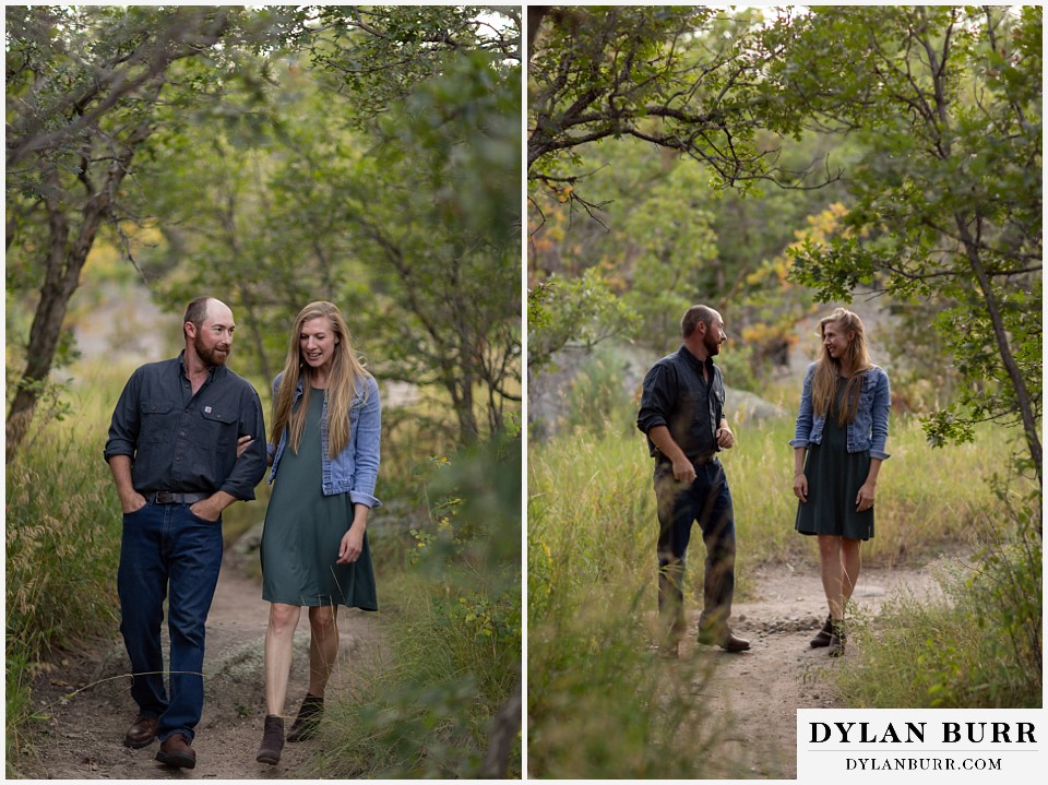 castlewood canyon engagement photos couple walking together surrounded oak trees