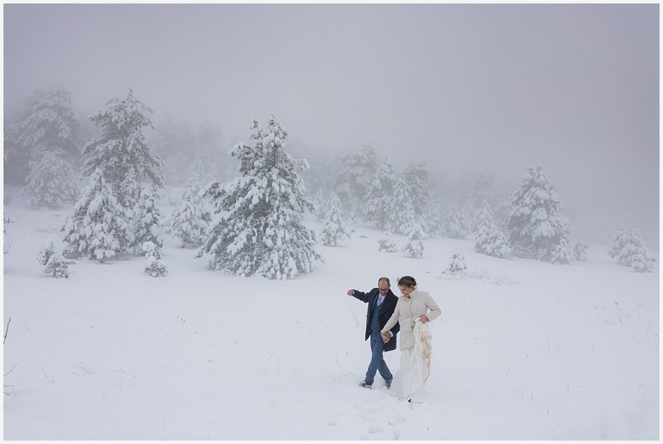 chautauqua community house wedding foggy couple snow covered trees
