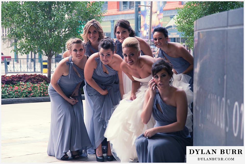 cheesman park pavilion wedding bride hiding behind wall