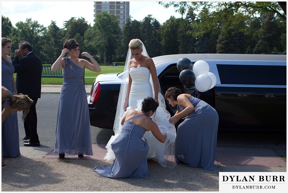 cheesman park pavilion wedding bride getting out of limo