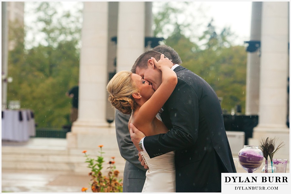 cheesman park pavilion wedding bride and groom first kiss