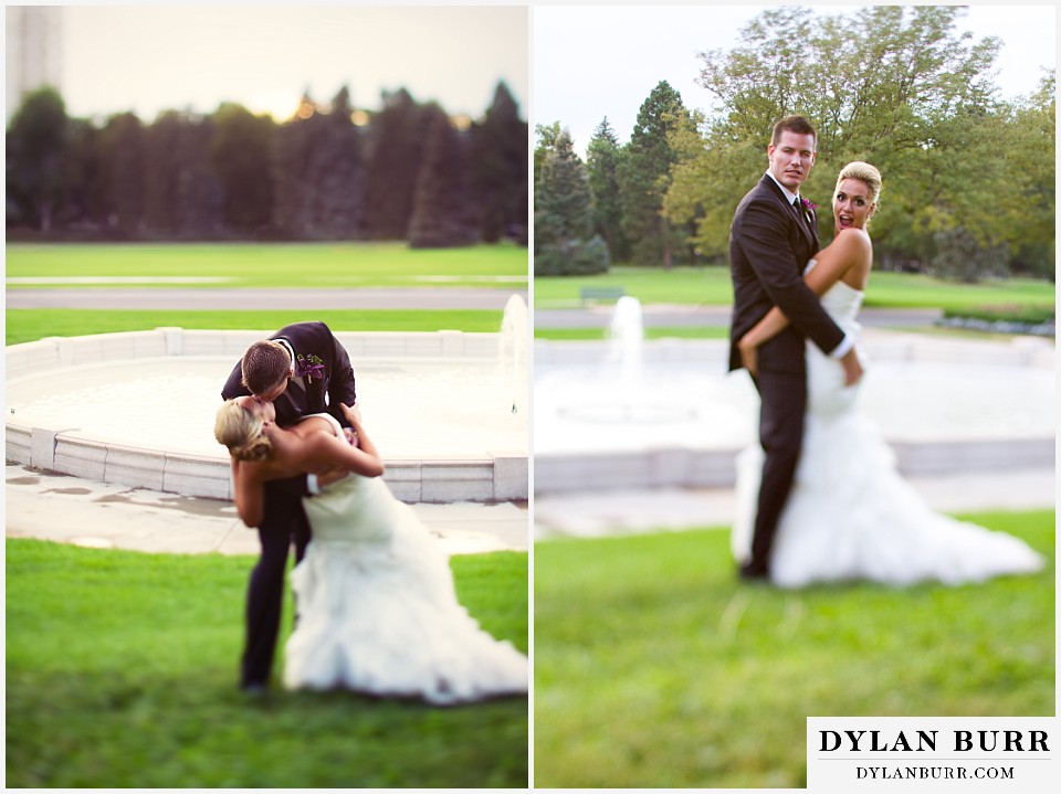 cheesman park pavilion wedding bride and groom being goofy