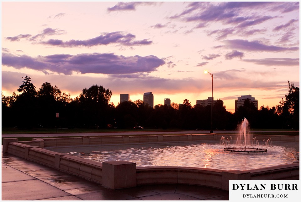 cheesman park pavilion wedding Denver skyline at sunset