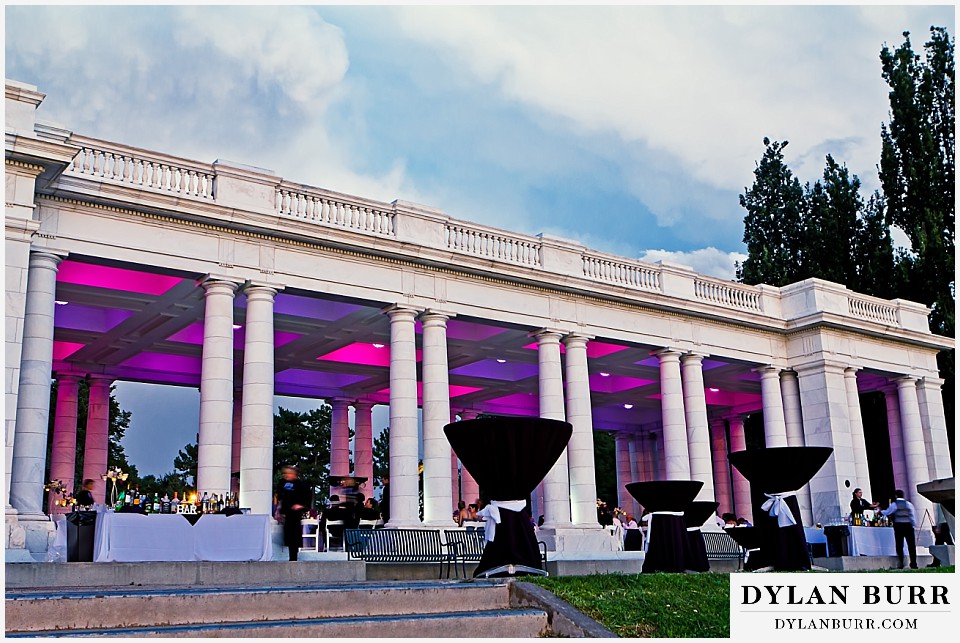 cheesman park pavilion wedding colored lighing at dusk