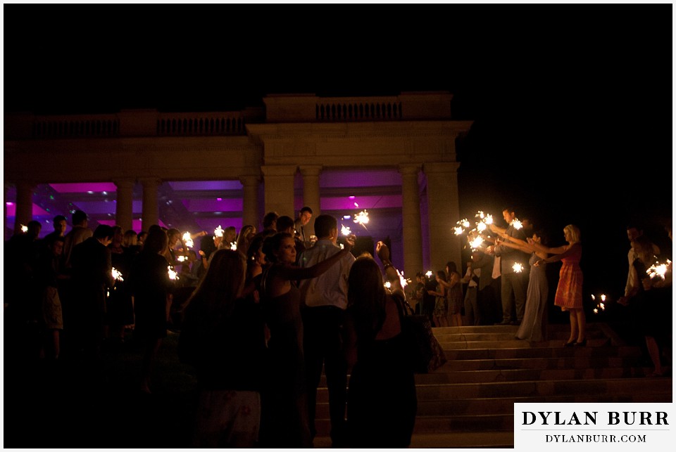cheesman park pavilion wedding sparklers leading out of pavilion