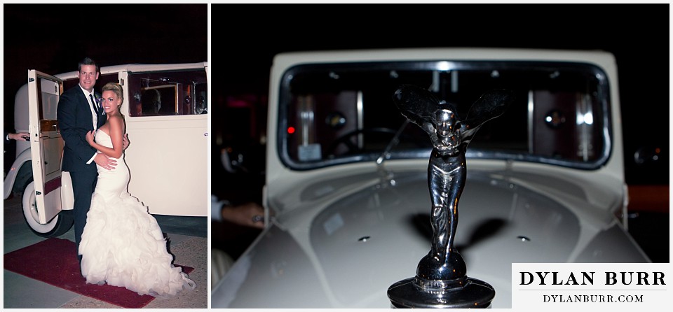 cheesman park pavilion wedding bride and groom leaving in classic Rolls Royce