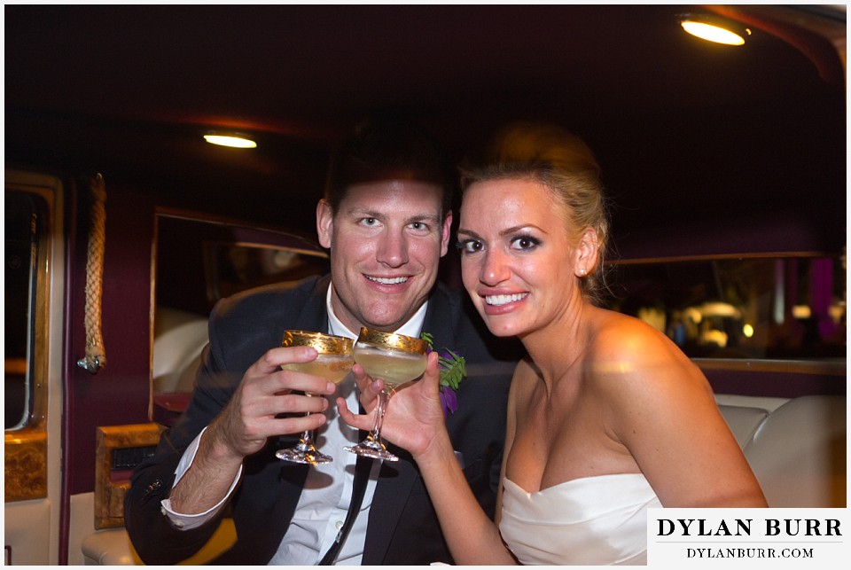 cheesman park pavilion wedding drink toast inside Rolls Royce