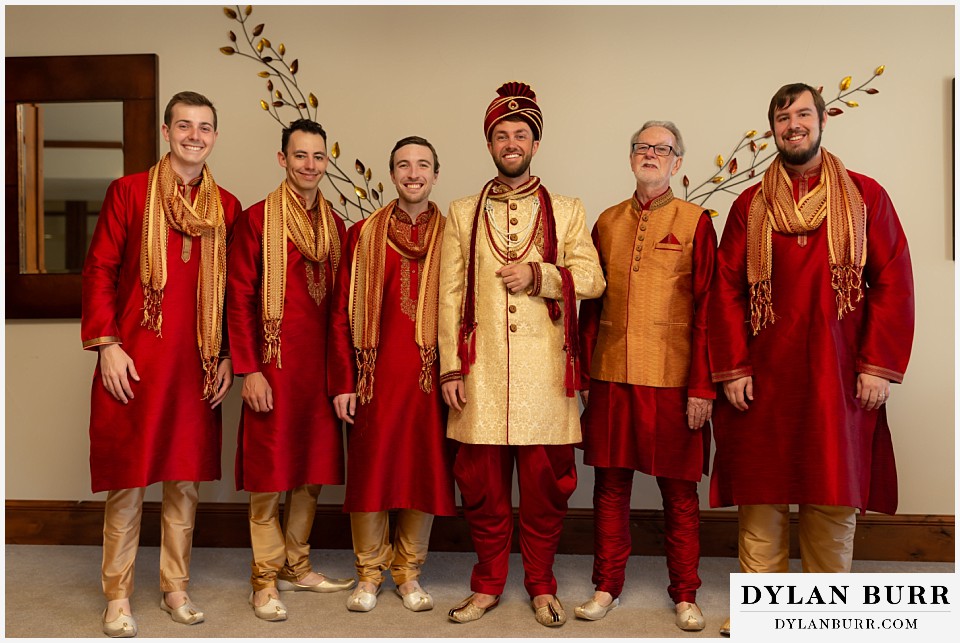 cielo at castle pines wedding colorado mountain wedding groom standing with his groomsmen and his father