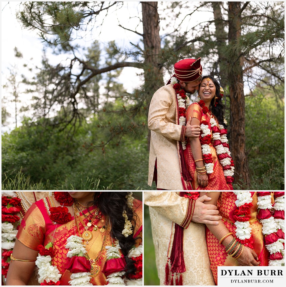 cielo at castle pines wedding colorado mountain wedding hindu wedding bride and groom in mountains with close up details of jewelry