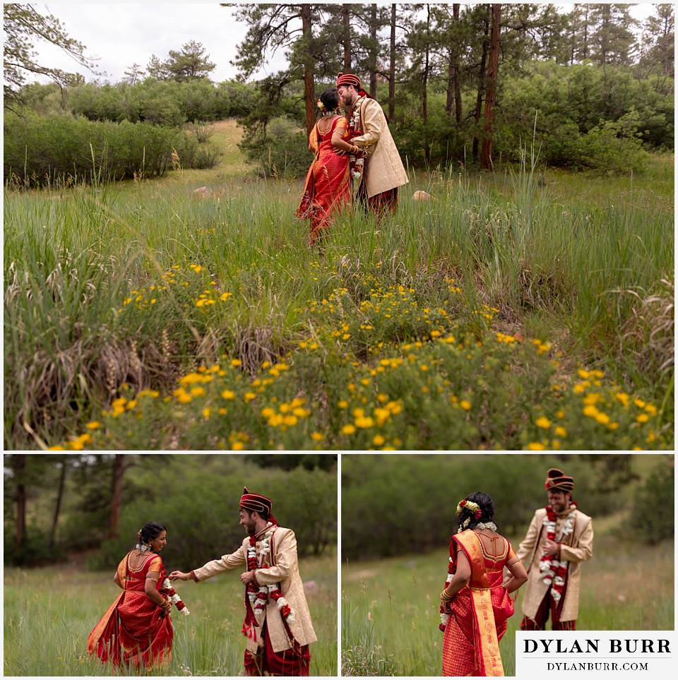 cielo at castle pines wedding colorado mountain wedding hindu bride and groom with wildflowers in foreground
