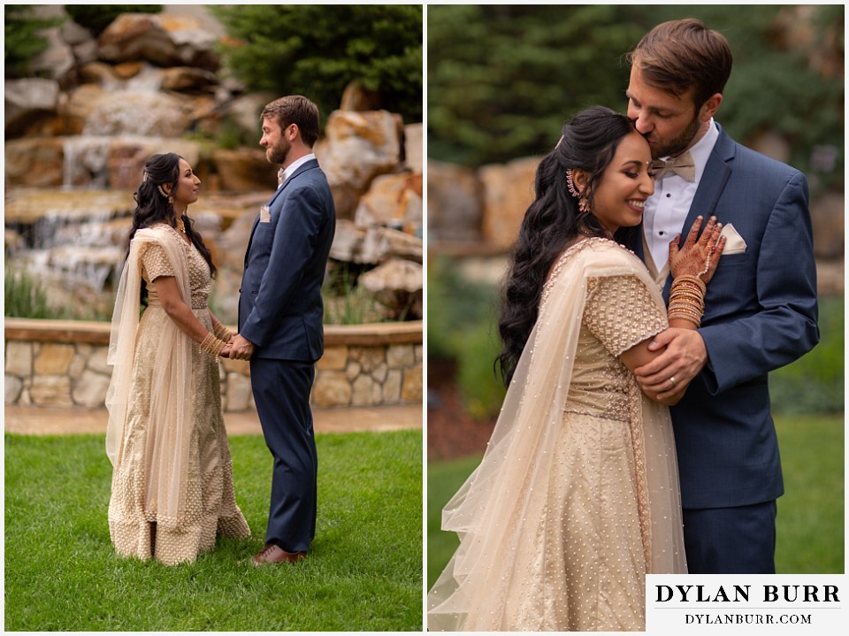 cielo at castle pines wedding colorado mountain wedding bride and groom near fountain hindu wedding