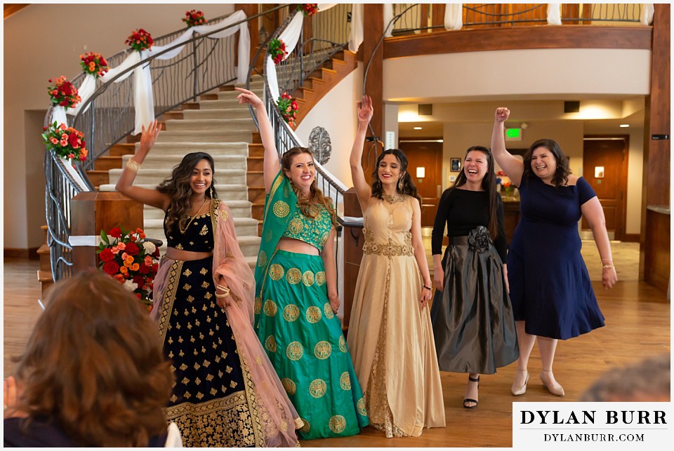 cielo at castle pines wedding colorado mountain wedding fun bridesmaids at hindu wedding reception