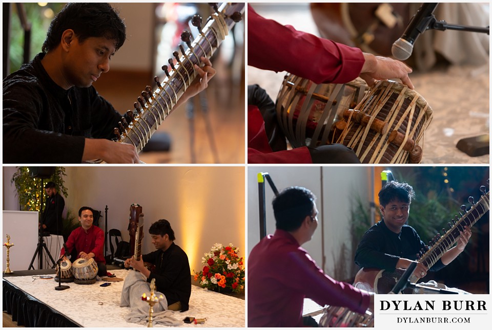 cielo at castle pines wedding colorado mountain wedding close ups of tabla and sitar player during hindu wedding reception