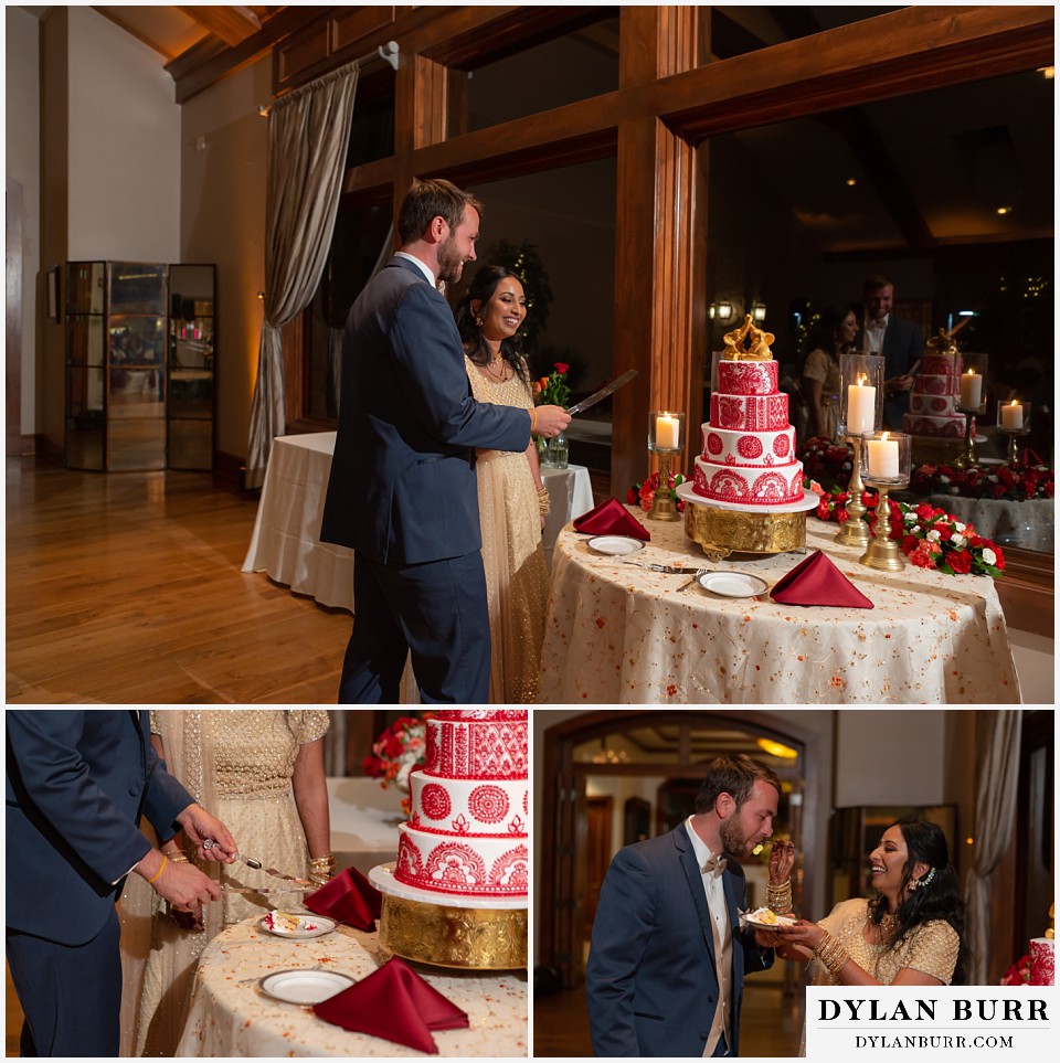 cielo at castle pines wedding colorado mountain wedding hindu bride and groom cutting cake