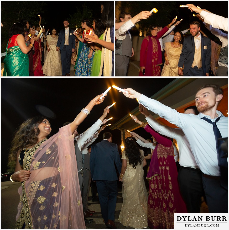 cielo at castle pines wedding colorado mountain wedding bride and groom send off with candles in an arch
