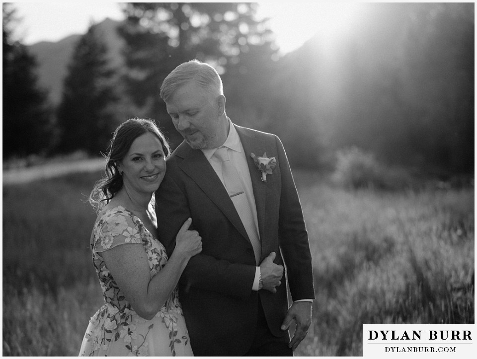 10 mile music hall micro wedding black and white at sunset of newlywed couple
