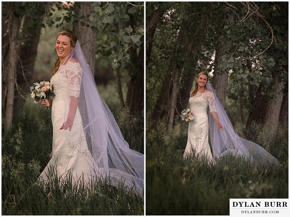 colorado bridal portrait session bride laughing with long veil