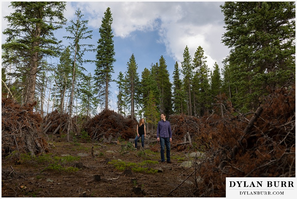 colorado mountain enagagement photo session stacks of dead fire burn trees