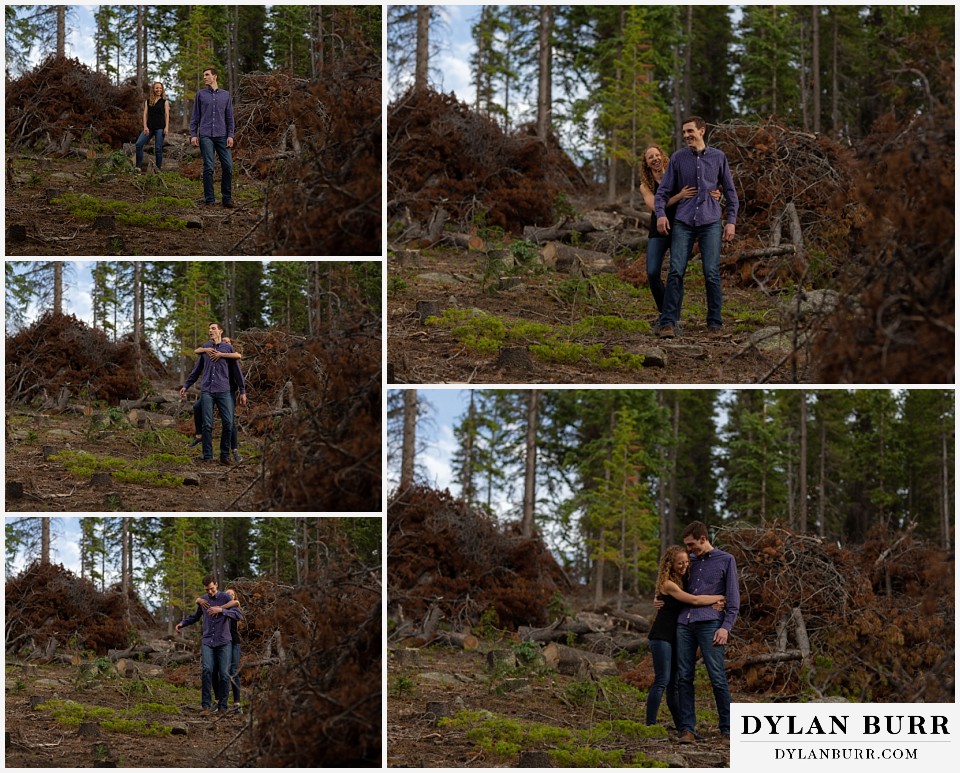 colorado mountain enagagement photo session she runs up and attacks him