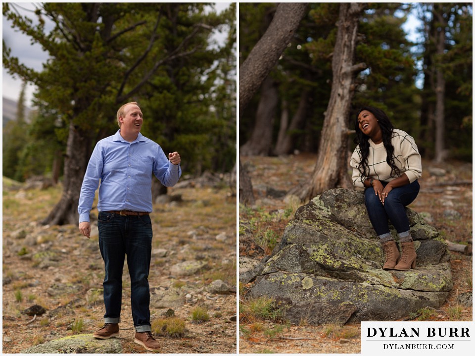 colorado mountain engagement photos groom acting charades for bride