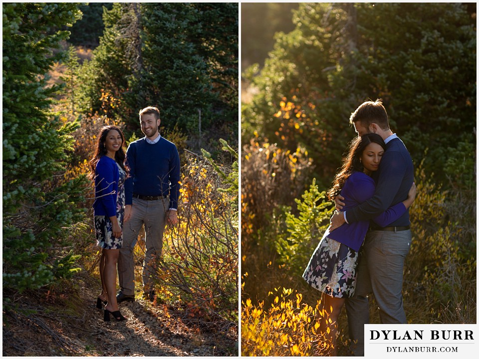 colorado engagement photos in mountains couple hugging in sunlight