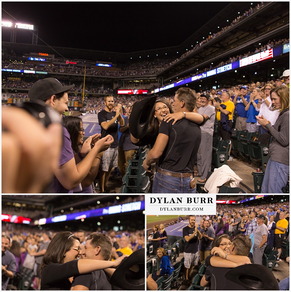 proposal at coors field rockies game couple celebrating