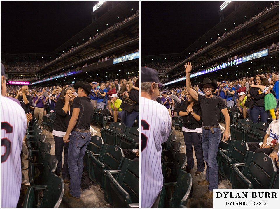 proposal at coors field rockies game waving to the crowd thanking them