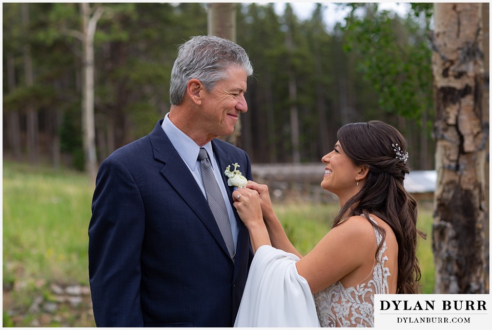 first look with dad in forest dao house wedding