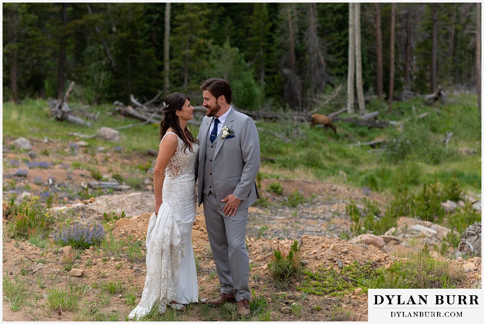 dao house wedding bride and groom in mountains with an elk in the background