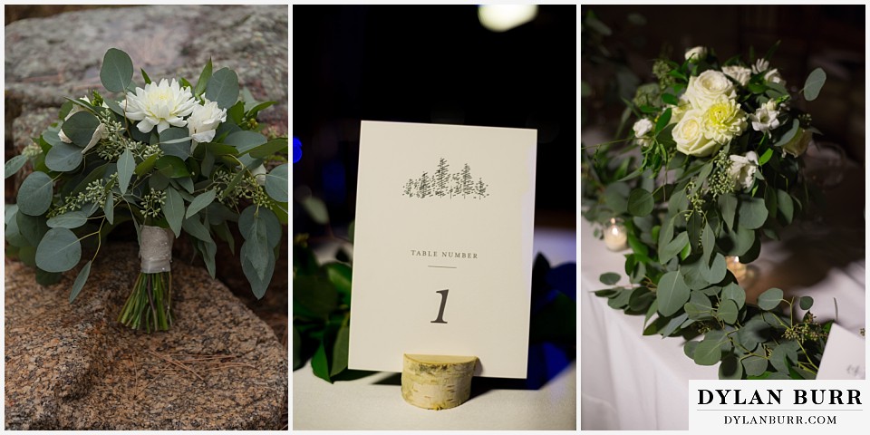 della terra wedding estes park colorado mountain wedding table markers eucalyptus bouquet