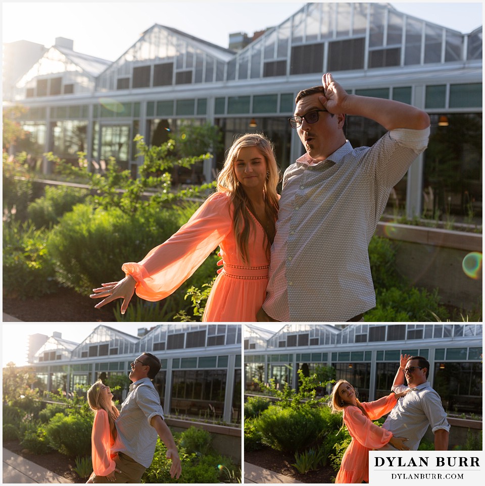 fun goofy couple during engagement session at denver botanic gardens