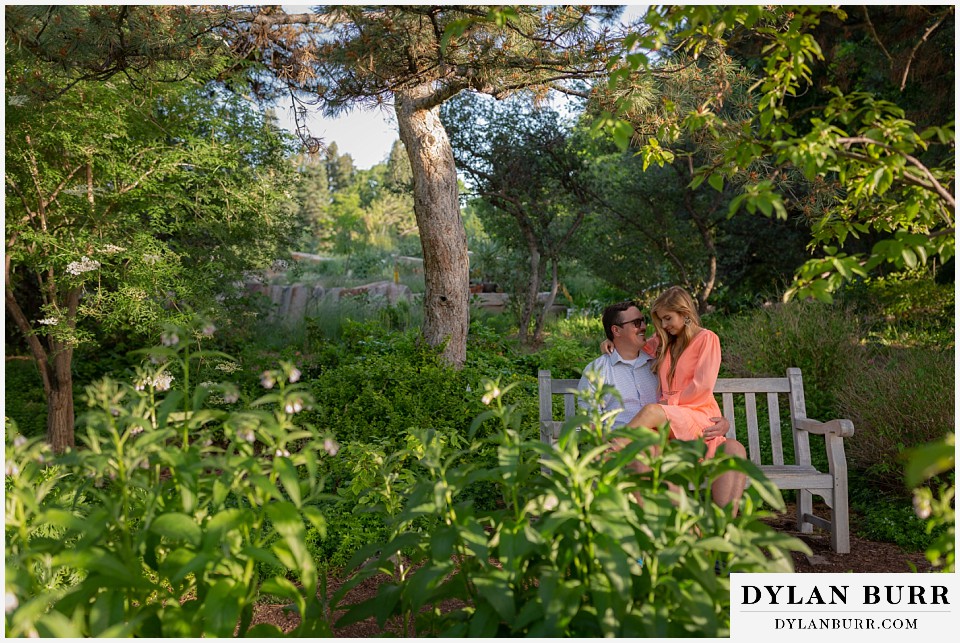 engagement photos denver botanic gardens relaxing on a bench